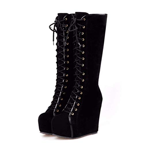 Elsa Wilcox Women Hidden High Heels Platform Winter Shoes Fashion Round Toe Lace Up Boots Wedge Knee High Boots Black