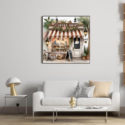 Image of KYOQFVN Coffee Shop Cross Stitch Kits for Adults - House Embroidery Kits for Beginners Adults, 11 CT Patterns Dimensions Counted Cross Stitch Kits for Adults Arts Craft 14x14 inch