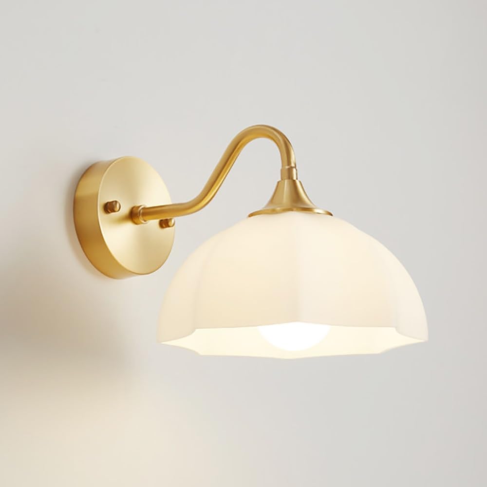 COSRUB Glass Flower Wall Sconce, Brass Gooseneck Wall Lamps for Bedside