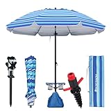HOMEDEMO 8FT Large Beach Umbrella with Weight Bag & Sand Anchor, Outdoor Umbrellas with Adjustable Aluminum Pole and Built-in Table, Heavy Duty Windproof & UPF 50+ Design, Parasol, Navy Blue Stripe