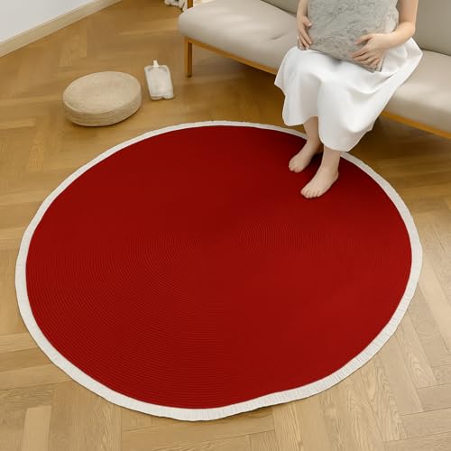 Image of Cotton Round Carpet 3x3 feet - Handmade Braided Boho Rug for Living Room, Bedroom & Balcony - Soft Washable Floor Mat, Color -red
