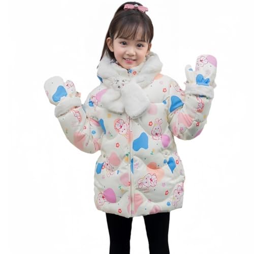 Image of AQURIZE Girls’Puffer Jacket- Cute Print Warm Puffy Cotton Coat With Snow Gloves Kid Outdoors Parka Fleece Snow Outwear(White，150)