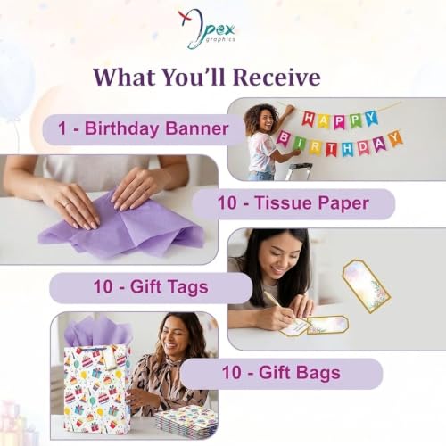 Image of Paper Bags for Birthday Return Gifts - Pack of 10 | Gift Bags Medium Size | Return Gift Bags for Kids Birthday Party | Medium Carry Bags for Gifts | Paper Bags for Gifting | 23 x 30 x 9 cm | Bag with Tissue, Tag & Banner