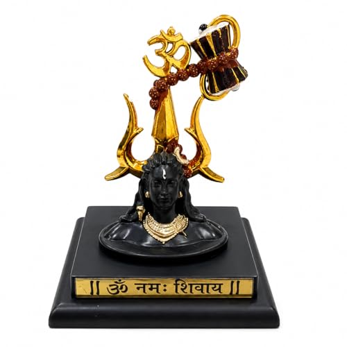 Image of Mahadev Adiyogi Shiva Idol with Trishul, Om Symbol and Rudraksha, Black and Gold Figurine