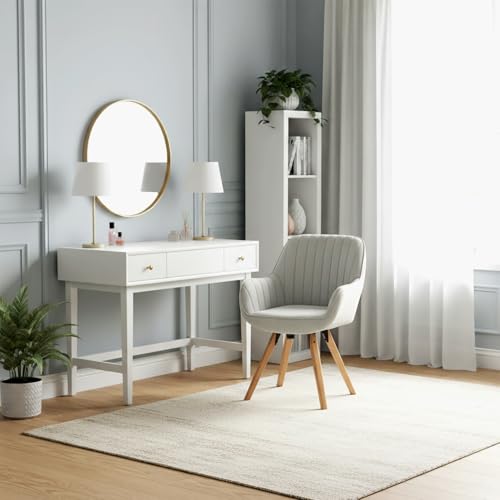 MEUBLE Cosy Schminkstuhl Drehbar 360° Make-up-Stuhl mit Armlehnen für Schlafzimmer Vanity, Bequemer Sitz und Rückenlehne, Massivholzfüße, Beige