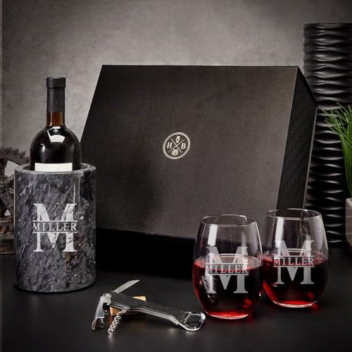 Engraved Wine Chiller with Stemless Wine Glasses Set - 5pc
