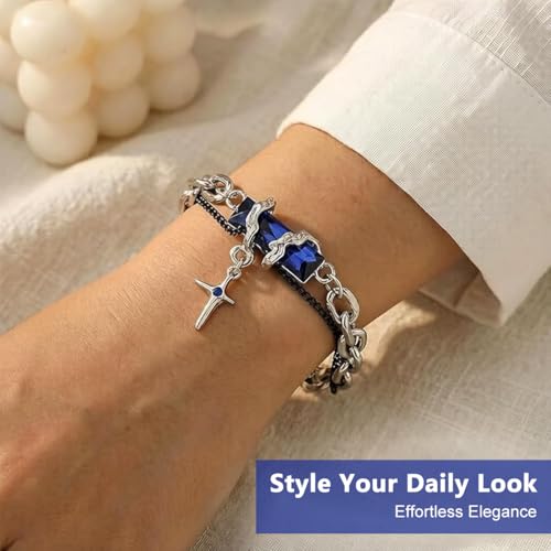 Image of PROBEROS Bracelet for Men Gothic Double Chain Star Charm Link Chain Punk Hip Hop Unisex Style Rock Cool Adjustable Bracelet Gifts for Boyfriend & Husband