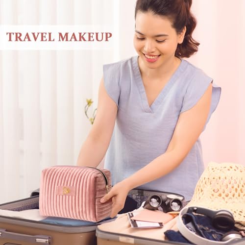 Image of COSHAYSOO Travel Makeup Bag Quilted Make Up Pouch Initial Velvet Cosmetic Case with Butterfly Decor for Young Women 18 19 20 21 22 23 24 25 26 27 28 29 30 40 50 Year Old Birthday Gifts Pink Letter O