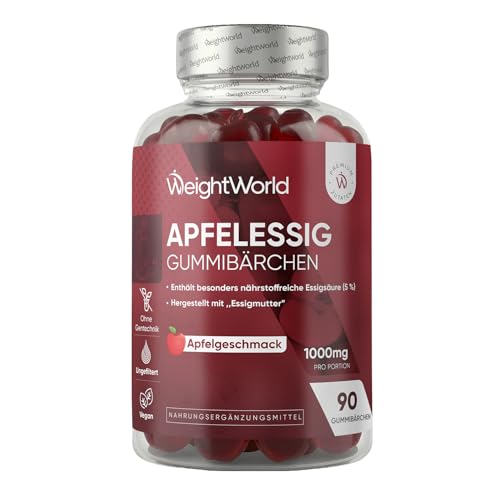 Apfelessig Gummies 1000mg - Mit Vitamin C B12 B6 B9 (Folsäure) & Rote Beete - 90 vegane Gummibärchen mit Apfelgeschmack - Apple Cider Vinegar Gummies von WeightWorld