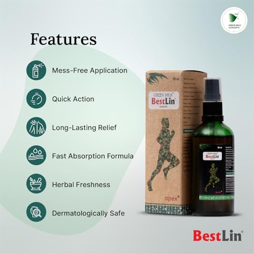Image of Green Milk Bestlin Liniment | Ayurvedic Pain Relief Oils | Joint Pain Relief Oil for Back, Knee & Muscle Discomfort | Non-Greasy Body Pain Oil for Daily Use | Herbal-Comfort Liniment for Flexible Movement | 90ml (Pack of 2)
