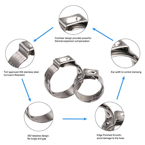 Proster 200Pcs Ear Clamps Stainless Steel Hose Clamp Clip 5.8-7Mm, 7.3-9Mm, 8.8-10.5Mm, 9.6-11.3Mm, 10.8-13.3Mm, 12-14.5Mm, 13.5-16.2Mm, 14.5-17Mm, 16-19.2Mm, 17.8-21.0Mm #TOP3
