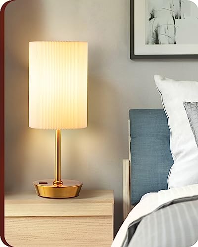 EDISHINE Bedside Lamps Set of 2, Touch Table Lamps with 2 USB Ports, Round Pleated Shade, 3 Way Dimmable Lamp for Bedroom, Living Room, Home Office, Gold (Bulb Included)