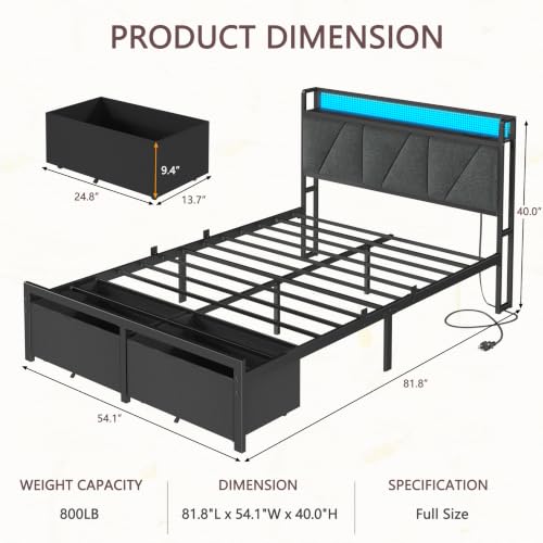 Image of Furnulem Full Size Bed Frame with 2 Storage Drawers & Upholstered Headboard | Metal Platform Bed with Storage Shelf, Charging Station, LED Lights and Heavy-Duty slats, No Spring Box Needed, Noise-Free