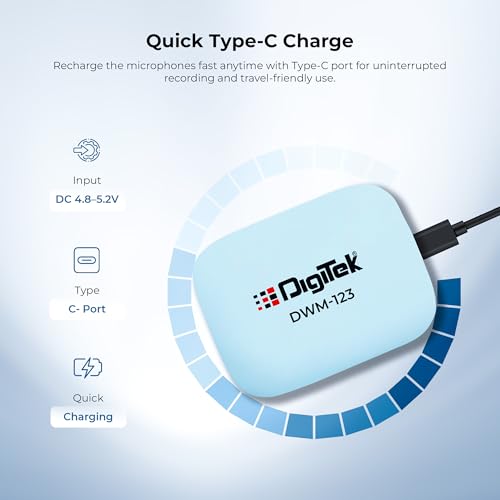 Image of Digitek (DWM 123 2-in-1 Wireless Microphone System with Charging Case & Magnetic Collar Clip, Type-C Receiver for iPhone 15 & Above, Android Phones, 60m Range, Build in Microphone