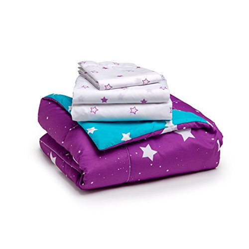 Delta Children 4 Piece Toddler Bedding Set for Girls - Reversible 2-in-1 Comforter - Includes Fitted Comforter to Keep Little Ones Snug, Bottom Sheet, Top Sheet, Pillow Case - Purple Stars Night - image 7