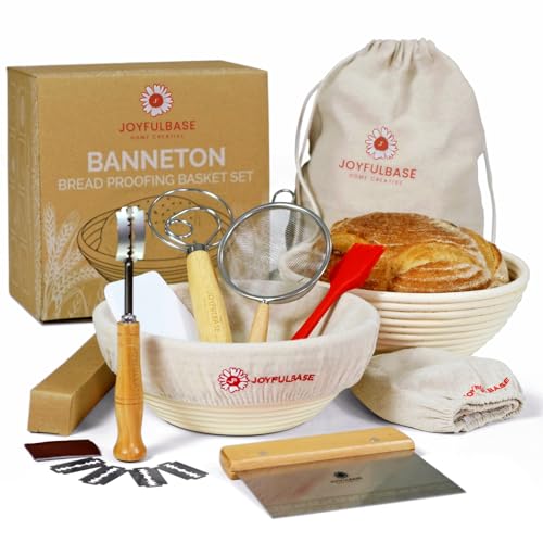 JOYFULBASE Banneton Bread Proofing Basket Set of 2 Sourdough Starter Kit with 9- Inch Round Baskets Fermentation Proofing Bowls Artisan Sourdough Bread Baking Supplies with Tools Liners and Linen Bag