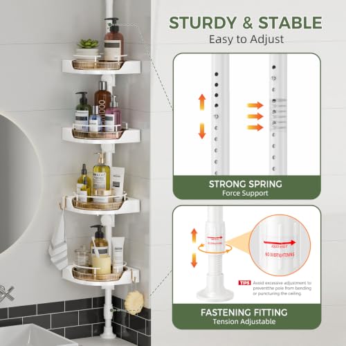 Image of akinbas 360 Rotating Shower Caddy Tension Pole with 4-Tier Rustproof Lazy Susan 35-128 Inch No Drilling Coner Shelves Adjustable Shower Rack for Bathroom Bathtub Washbasin Plant Storage (White+Gold)