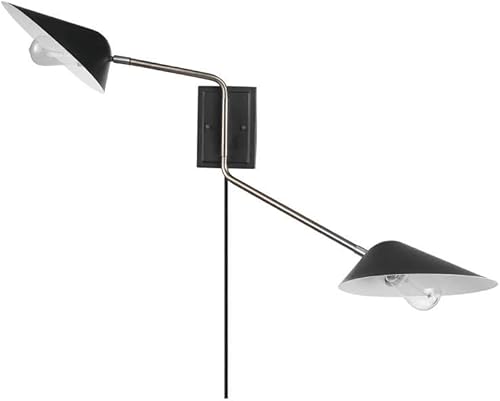 Globe Electric 51390 Jacob - Aplique de pared con 2 luces enchufables o de cable, acabado de latón antiguo, pantalla negra mate, bombillas LED