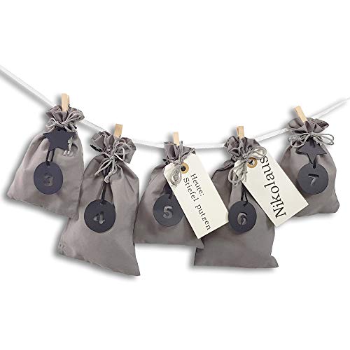 Frau WUNDERVoll® Stoff Adventskalender zum Befüllen Schneeflöckchen grau Stoffbeutel, Ziffern schwarz/Weihnachten Beutel Säcke Säckchen Stoffsack Baumwolle Geschenkbeutel kinder Kinderadventskalender