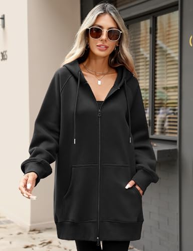 Vancavoo Sweatjacke Damen mit Kapuze Lange Kapuzenpullover Reißverschluss Hoodie Jacke Frühling Herbst Lang Fleecejacke Kapuzenjacke Elegant Übergangsjacke mit Taschen,Schwarz,XL