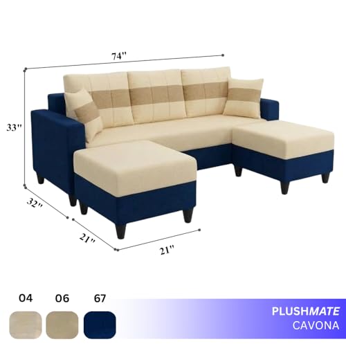 Image of Cavona 5 Seater L Shape Sofa Set with 2 Movable Ottomans | Flexible Layout | Luxury Velvet Suede Fabric | Modern Living Room Sofa | Dark Blue-Cream-Beige