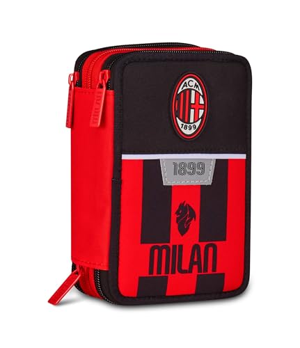 Seven Milan Astuccio Scuola 3 Zip, Nero, Portapenne Triplo Scomparto Completo Di Penne, Matite, Colori, Accessori Zaino, Scuola Elementare, Bambino Calcio