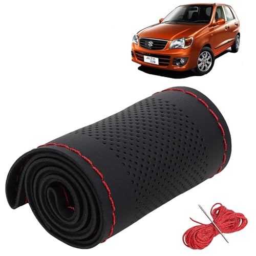 Image of KINGSWAY PU Leatherite Car Steering Cover Sewable Compatible with Maruti Suzuki Alto K10 (Year 2010-2014), Black Color with Red Thread, Pack of 1 with Sewing Needle and Thread