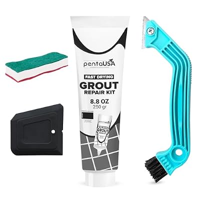 PentaUSA Grout - Black Tile Grout Repair Kit with Grout Removal Tool, Fast Drying Black Grout Repair Kit Bundle Set with Remover Saw, Sponge and Cleaner (Black 8.8 Oz - 250gr)