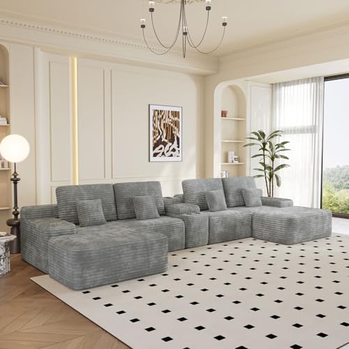 Image of KEIKI 150 inch U-Shaped Oversized Corduroy Modular Sectional Sofa with 2 Ottomans and Multi Functional Console, 6-Seater Upholstered Couch with USB and 2 Cup Holder, Easy Assembly, for Living Room, Grey