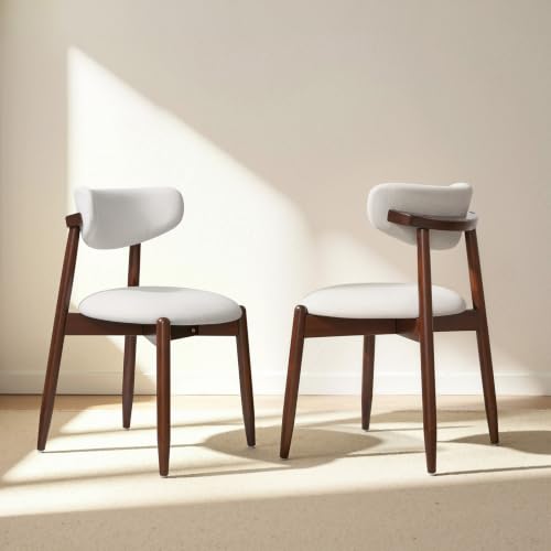 CHUN YI Dining Chairs Set of 2, Wooden Dining Room Chairs with Ergonomic Curved Back, Upholstered Mid Century Modern Kitchen Chairs, Cream