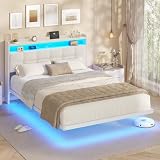 AOGLLATI Cama de matrimonio de 140 x 190 cm con efecto visual levitante, estructura de cama con LED y estación de carga, cama con cabecero acolchado y estructura de metal, sin colchón, color beige