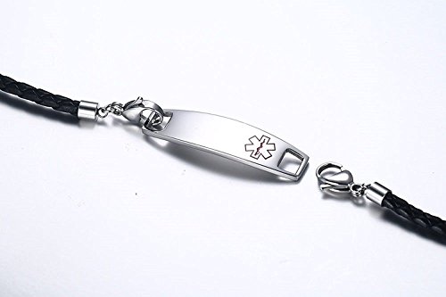 BBX JEWELRY Free Engraving Unisex Stainless Steel Tag with Black Braided Leather Triple Wrap Medical Alert Bracelets - Thumbnail 4