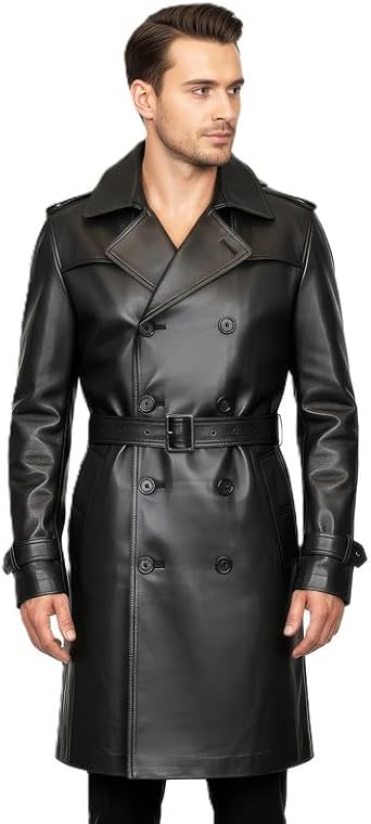 Mens Genuine Lambskin Leather Coat Double-Breasted Real Leather Outerwear, Sustainable Luxury