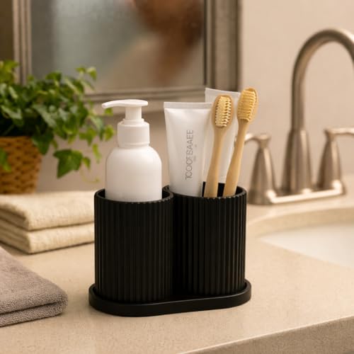 Image of Aesthetic Toothbrush Holder for Bathroom, Dual Cup Ribbed Design, Toothbrush & Toothpaste Organizer Stand, Modern Bathroom and Stationery Accessories Holder