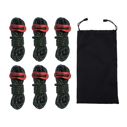 Acenilen 6 Pack Reflective Guyline Tent Rope with Aluminum Adjuster, Tent Stake Kits for Camping Tent & Hiking Accessories - Army Green
