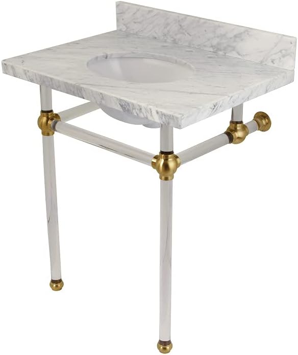 Kingston Brass Fauceture KVPB30MA7 Templeton Carrara Marble Bathroom Console Vanity with Acrylic Pedestal, Carrara Marble/Brushed Brass