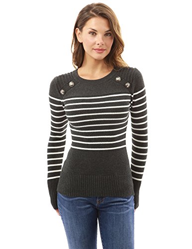 PattyBoutik Women Crewneck Striped Military Sweater (Dark Gray and Ivory Large) - Thumbnail 4