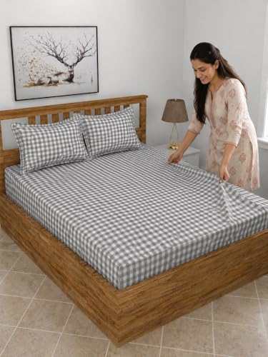 Image of 210 TC Premium Glace Cotton Comfort Elegent Design Bedsheet with Pillow Cover - Ultra Soft Cotton Queen Bed Sheet for Daily Comfort - GreyCheck Elegent 90x90 Inche