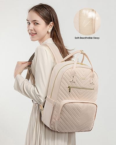 LOVEVOOK Laptop Backpack for Women, Large Capacity Travel Backpack with Luggage Strap, Stylish Women Backpack with USB Port, Waterproof Quilted Work Backpack for College Business 15.6 Inch, Beige - Image 3