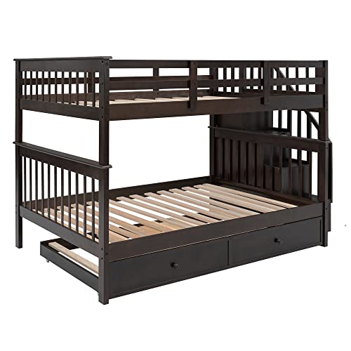 Harper & Bright Designs Full Over Full Bunk Bed with Trundle, Wood Bunk Bed Frame with Stairs and Storage, for Kids Teens Adults - Espresso