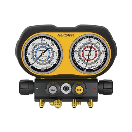 Fieldpiece GS422F 4-Port Analog Gauge Set HVACR Refrigerant Manifold with Sight Glass Swappable Hose Holders & High-Grip Knobs Reliable Field Diagnostics