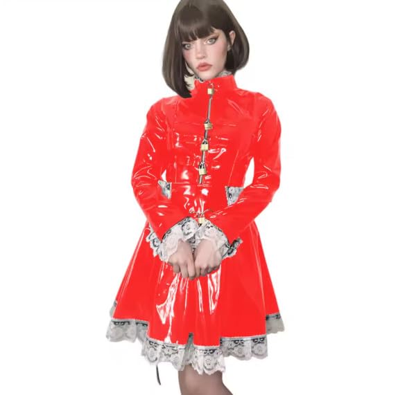 HOUXINQWWP Vestido de manga larga de piel de PVC con delantal para cosplay S-7XL, rosso, XXL