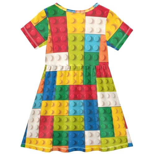 Girls Summer Dress Short Sleeve A Line Colorful Building Blocks Casual Dresses for Kids 2-8 Years2