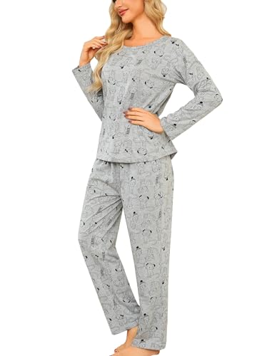 ENJOYNIGHT Womens Pajama Set Cotton Long Sleeve Pjs Two Piece Sleepwear with Pockets (Large, Grey Cat)