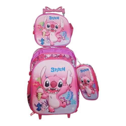 Kit Mochila Escolar Infantil Stitch, Mochila com Rodas, Lancheira e Estojo, Rosa, 3 Peças