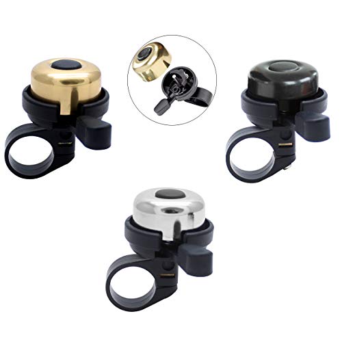 Sonku klassische Fahrradklingel, Aluminiumlegierung, Mini-Fahrradklingel, Sicherheitswarnzubehör, langer, lauter, klarer Klang, schwarz, gold und silber für Erwachsene und Kinder, 3 Stück Cover