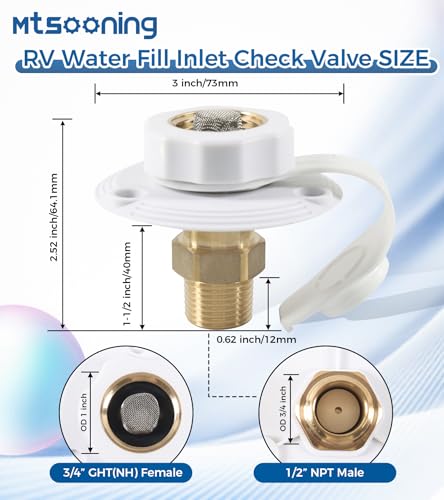 Image of RV City Water Fill Inlet with Elbow Check Valve, 3 /4 NH Female to 1 /2 NPT Male RV Water Hose Brass Connector Replacement for RV Camper Motorhome Trailer Marine White