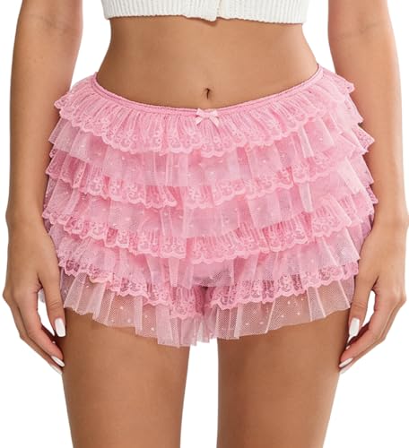 Image of NUFIWI Women Lolita Bloomers Ruffle Shorts Lace Cute Pumpkin Pants Sexy Boyshorts Layered Y2k Mini Shorts Pettipants