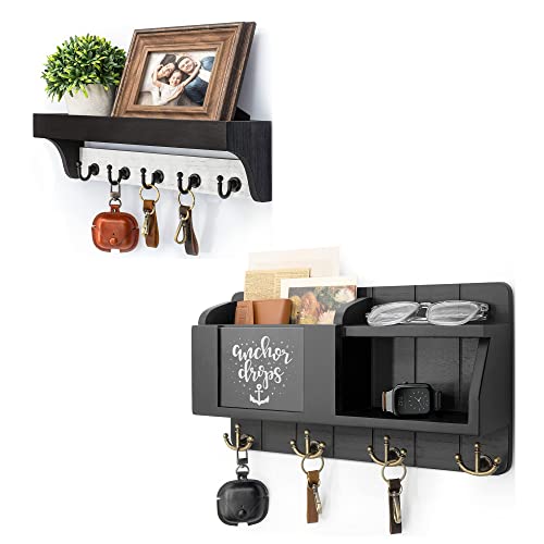 Rebee Vision Key Holder For Wall Set : 14" 2-Color Key Rack With 5 Hooks & 16" Mail Organizer With Chalkboard And 4 Anchor Hooks For Home Apartment Entryway Decor - Black #TOP19