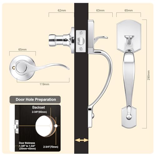 Image of Probrico Polished Chrome Front Door Handle, Heavy Duty Entry Door Handle with Interior Reversible Handed Lever, Lock Grip Handle with Wave Lever Keyless Door Locks, 1Pack